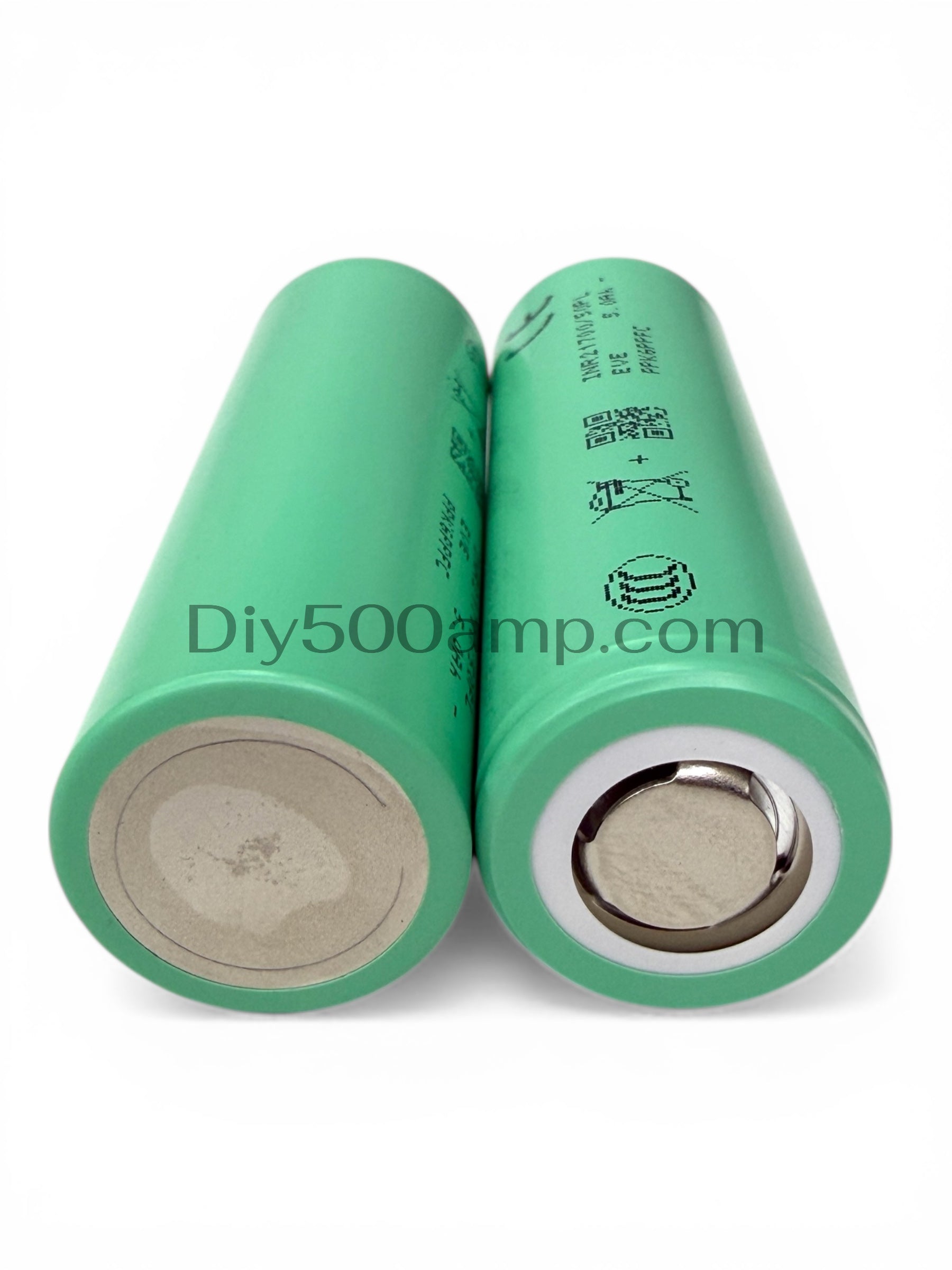 Two EVE INR21700-50PL 5000mAh lithium-ion battery cells, bottom view