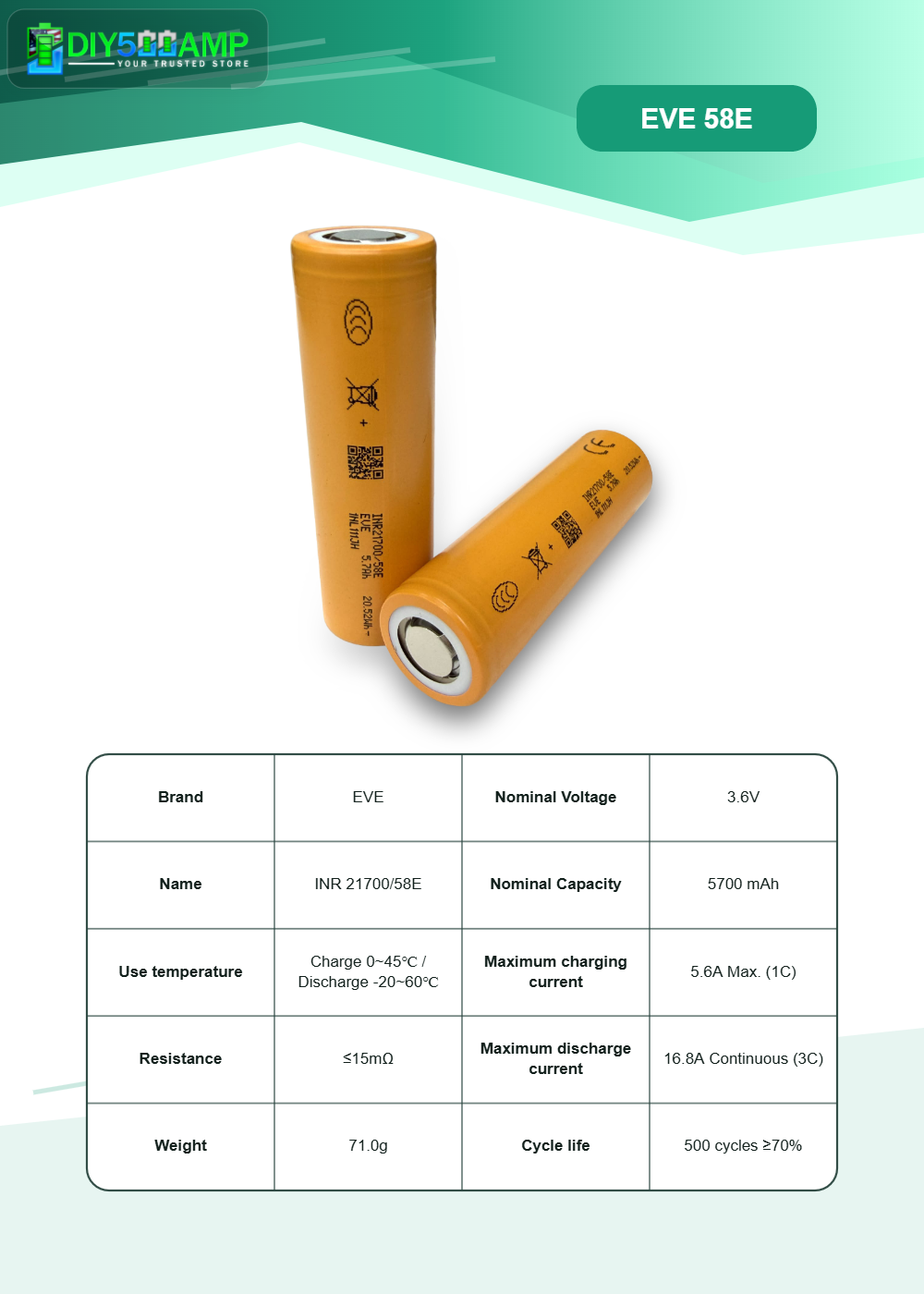EVE INR21700 58E 5700mAh 16.8A - Battery Cell - lithium-ion battery cell photo 2