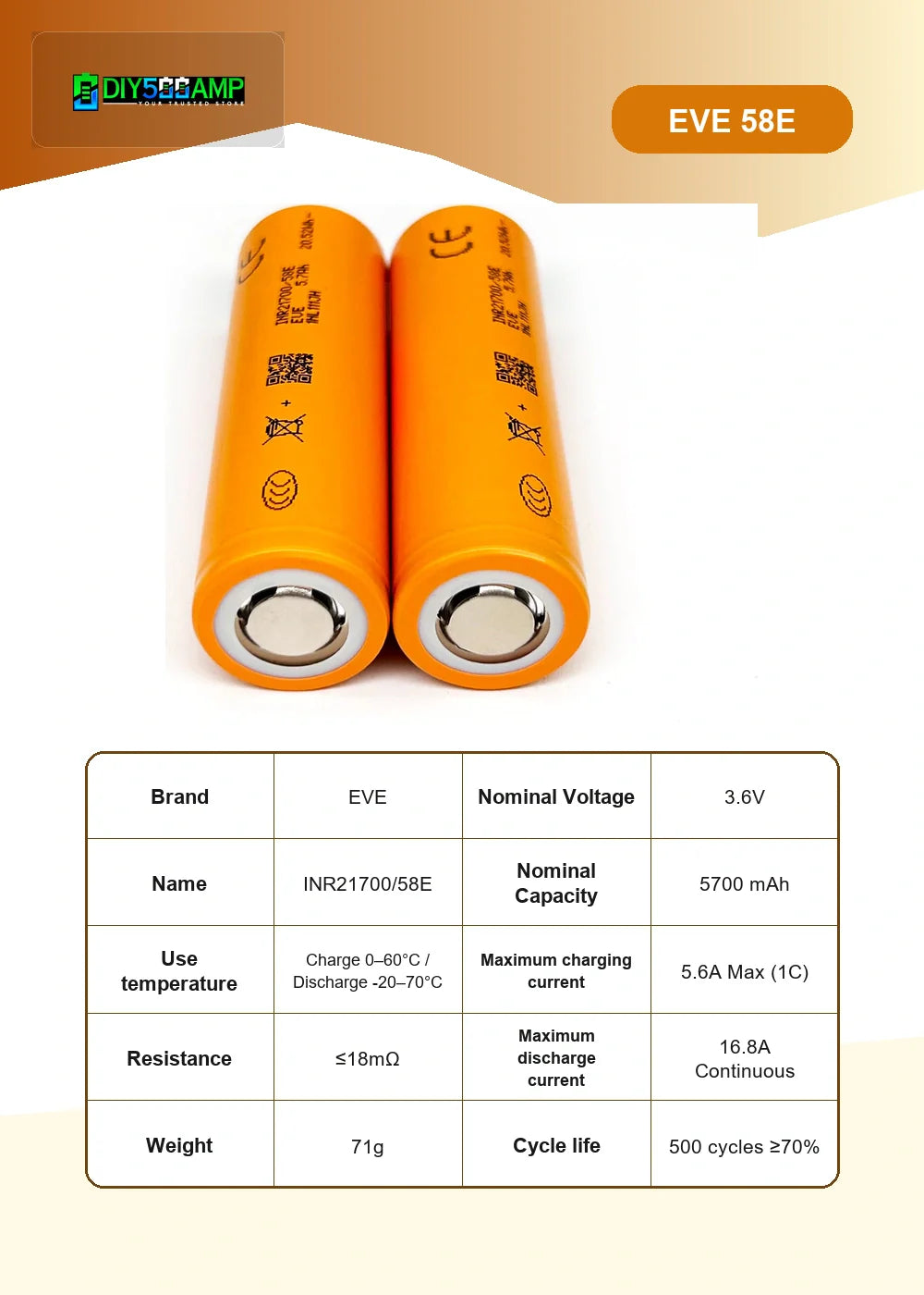 EVE 58E lithium-ion battery cell datasheet summary and specifications