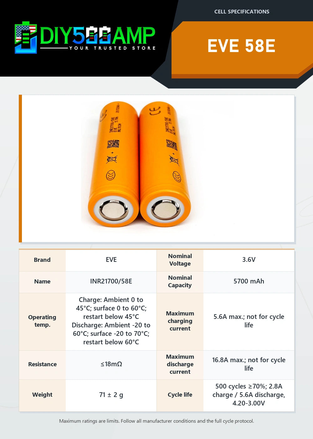 EVE 58E lithium-ion battery cell datasheet summary and specifications