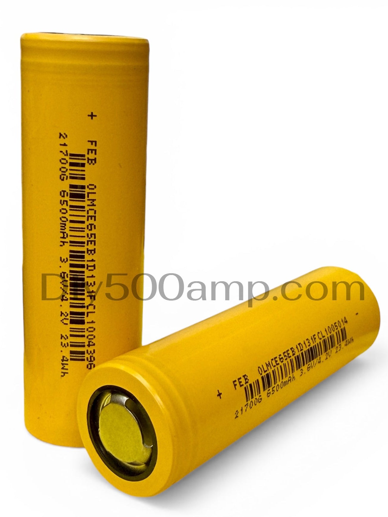 Two FEB 21700 6500mAh lithium-ion battery cells, upright and side view