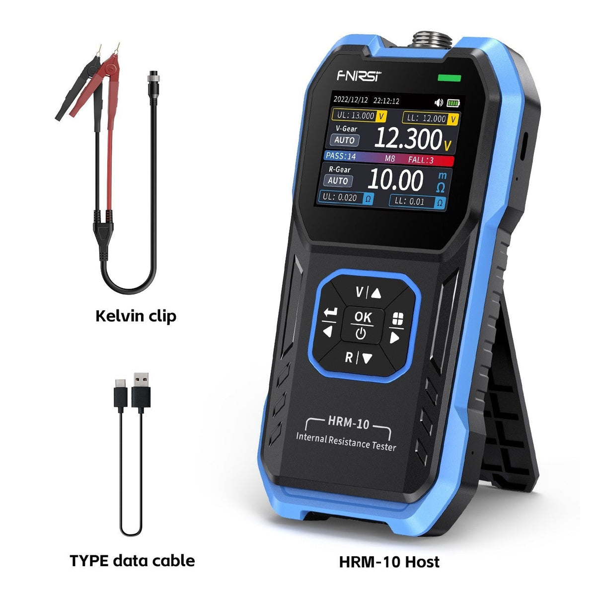 FNIRSI HRM-10 Regular package with tester, Kelvin clips, and Type-C cable