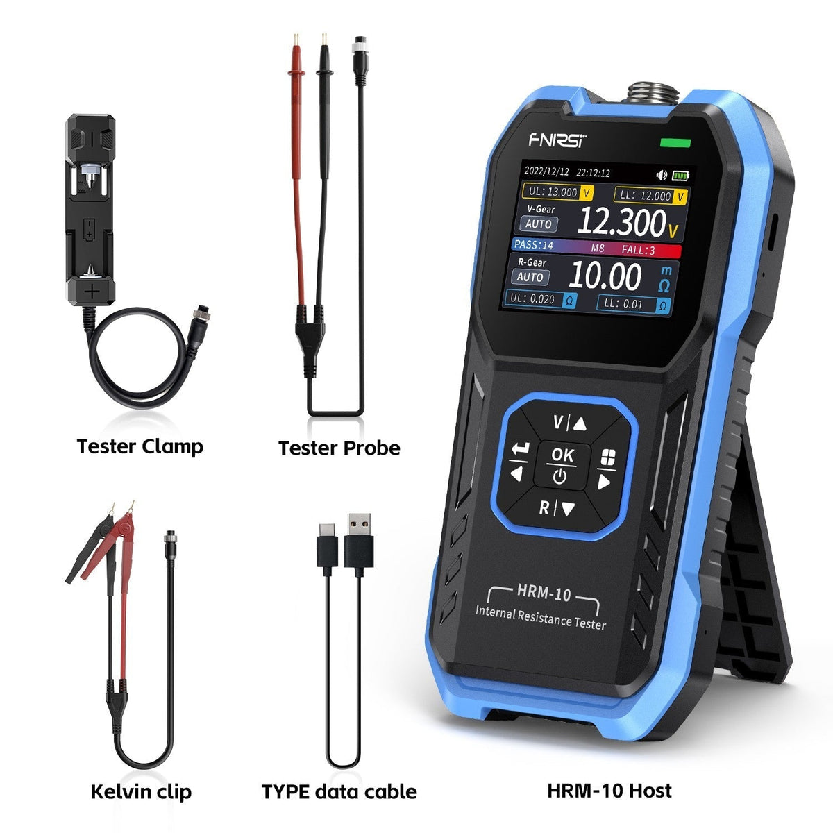 FNIRSI HRM-10 Set package with tester, Kelvin clips, cell clamp, probes, and Type-C cable