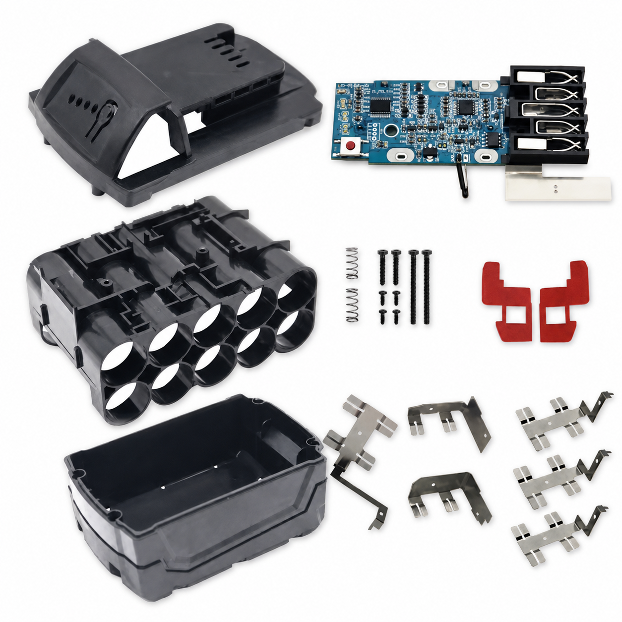 Milwaukee M18-compatible 18650 6Ah DIY battery case and PCB kit with complete housing, 10-cell holder, PCB, and hardware