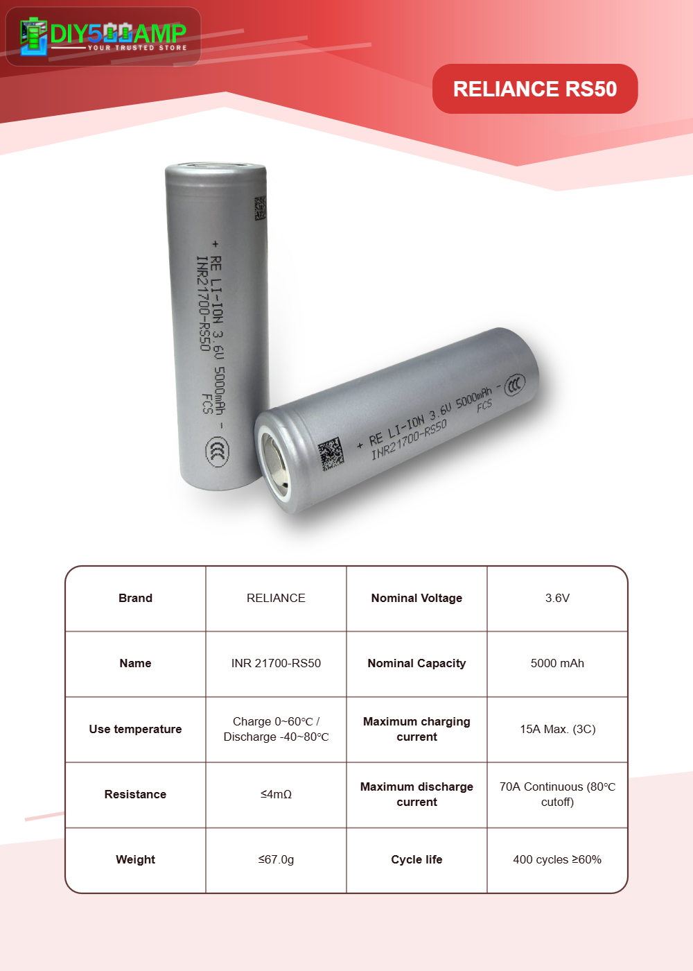 Reliance 21700 RS50 5000mAh 70A CCC Lithium-Ion Battery Tabless Cell - High Performance - lithium-ion battery cell photo 2