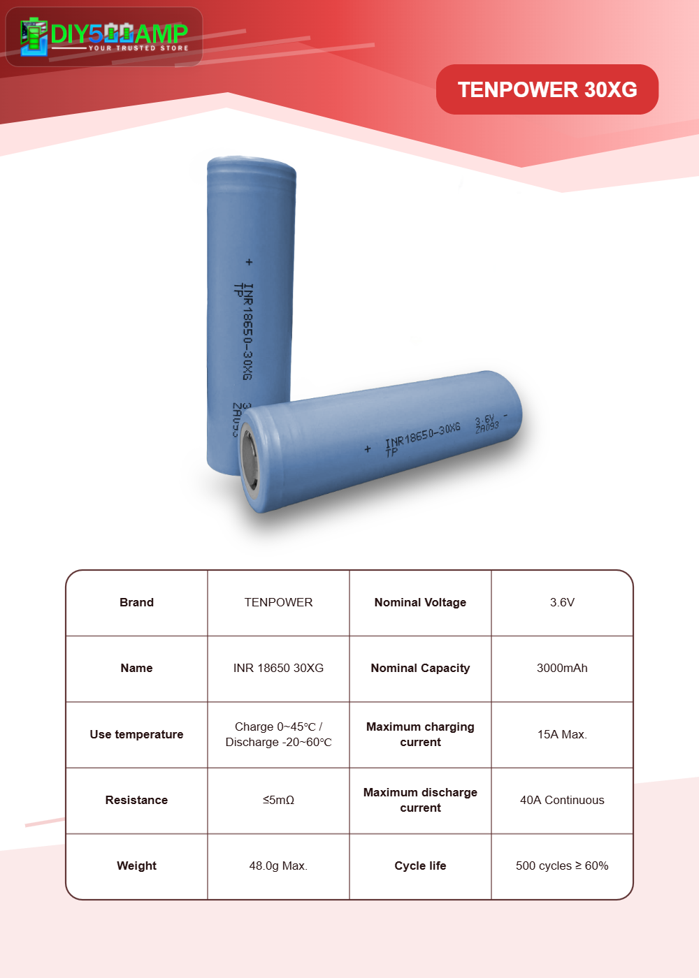 Tenpower 18650 30XG High Power Lithium-Ion Cell 3000mAh High Dischar Tenpower 18650 30XG High Power Lithium-Ion Cell 3000mAh High Dischar