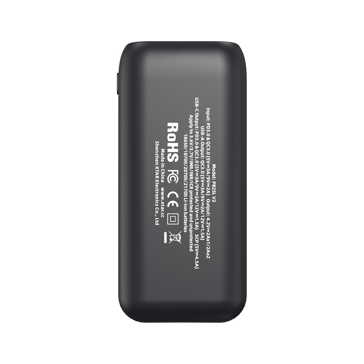 XTAR PB2SL V2 black charger and power bank, rear specifications